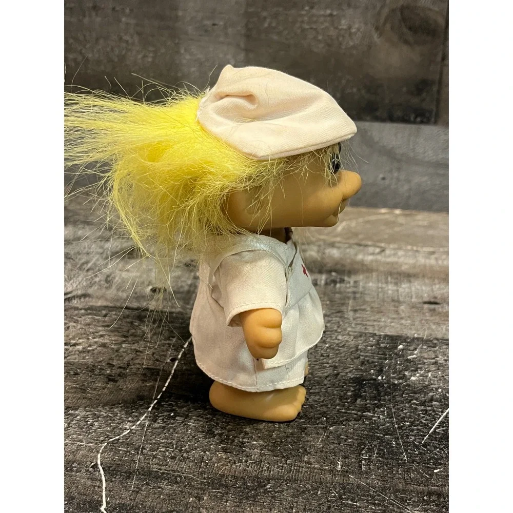 Vintage Russ Berrie Nurse Troll Doll Yellow Hair White Uniform Red Cross 3 Inch